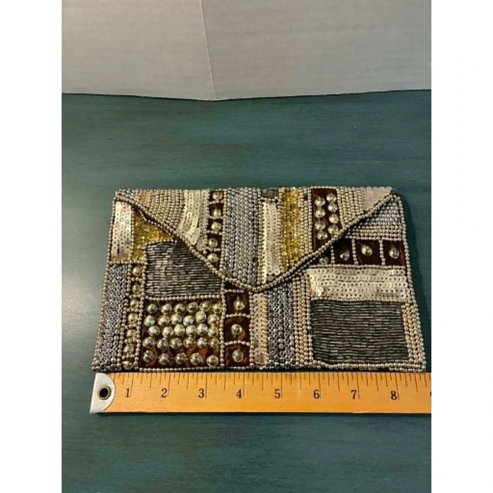 Vintage Envelope Clutch Purse Womens Multicolor Beaded Sequin Patchwork Evening
